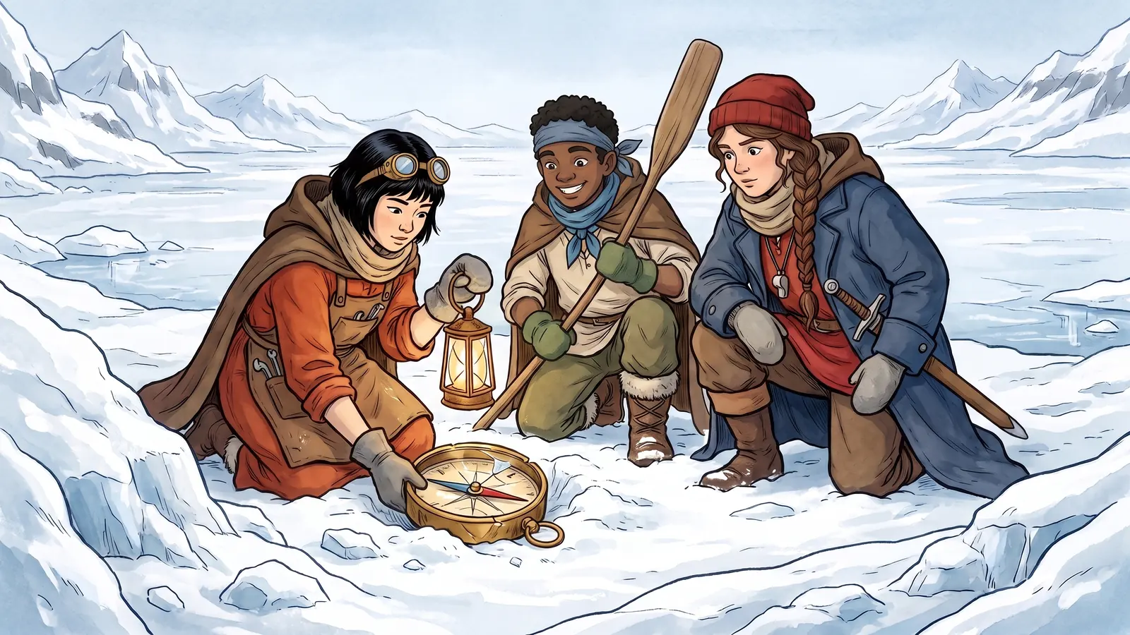 A dented brass compass half-buried in the snow at the ice edge