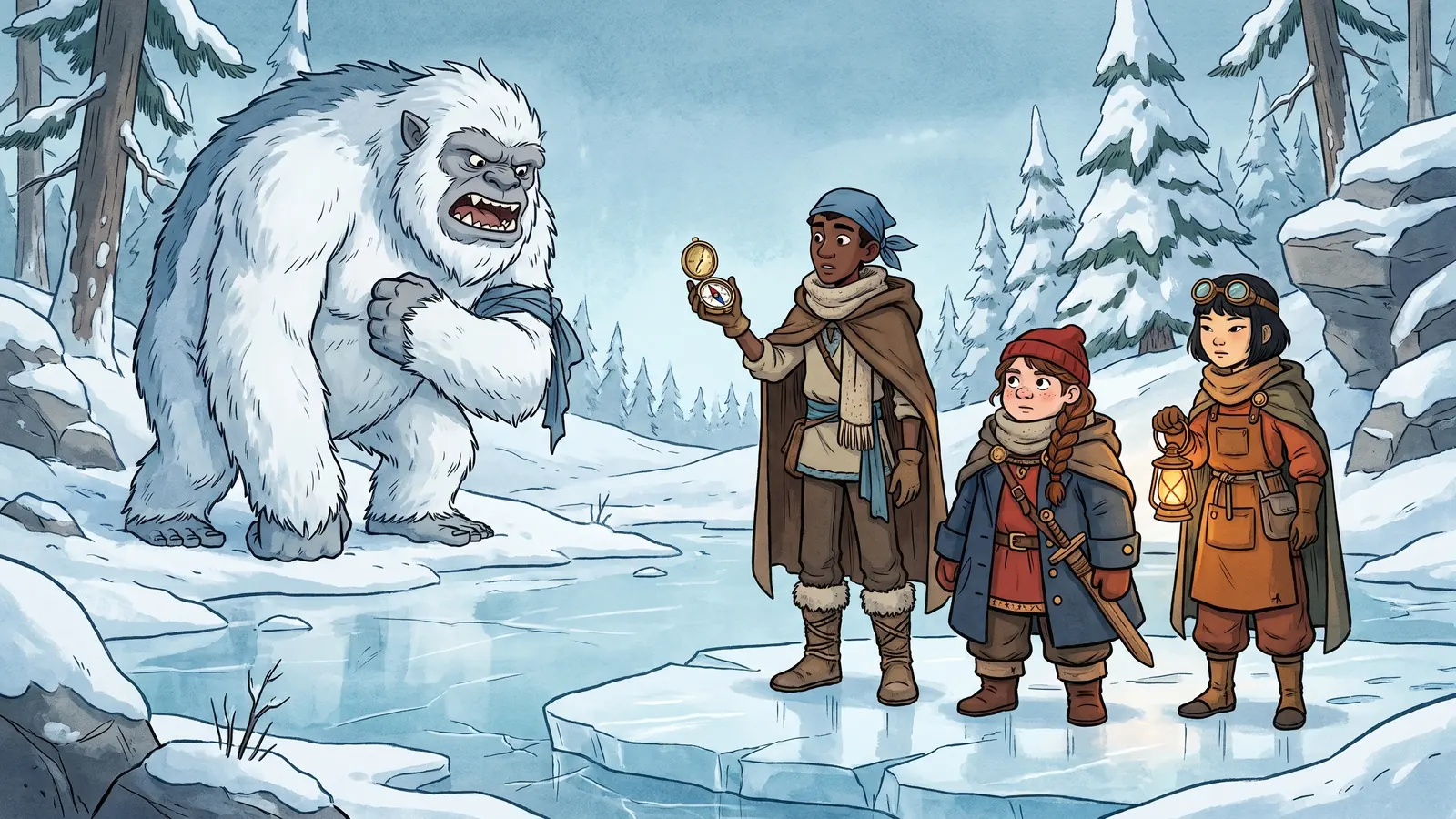 Torvind the yeti rears up across the ice, watching the compass