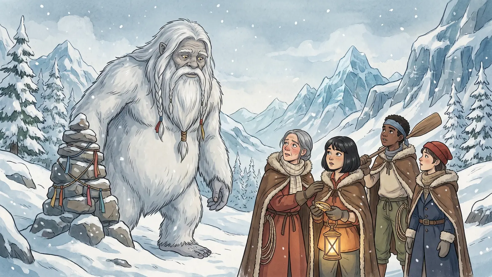 Snowmane, a silver-white elder yeti, steps out from behind the cairn