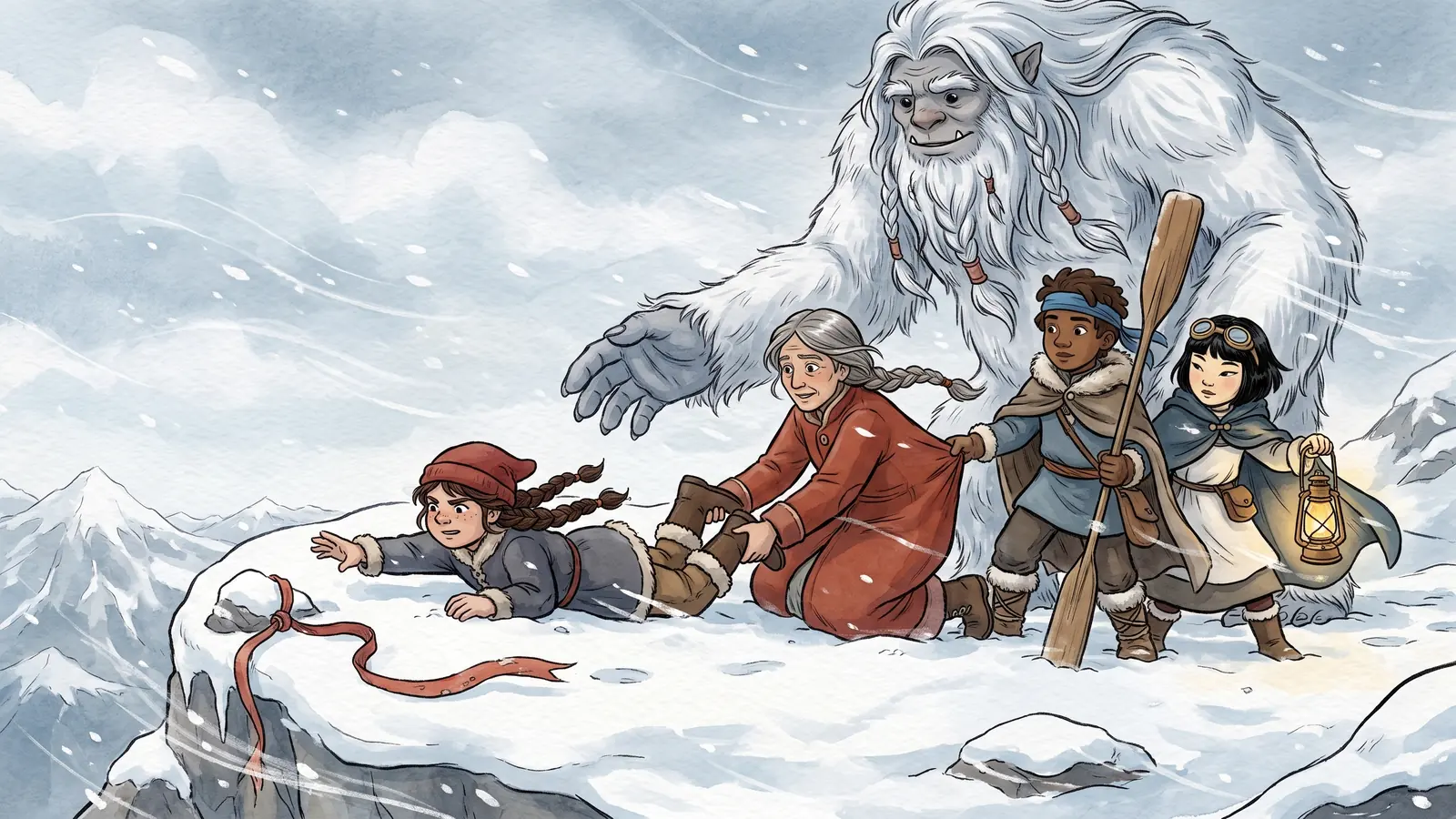 An old red ribbon snags on a rock at the summit’s edge while Kestra holds a hero’s boots and Snowmane watches