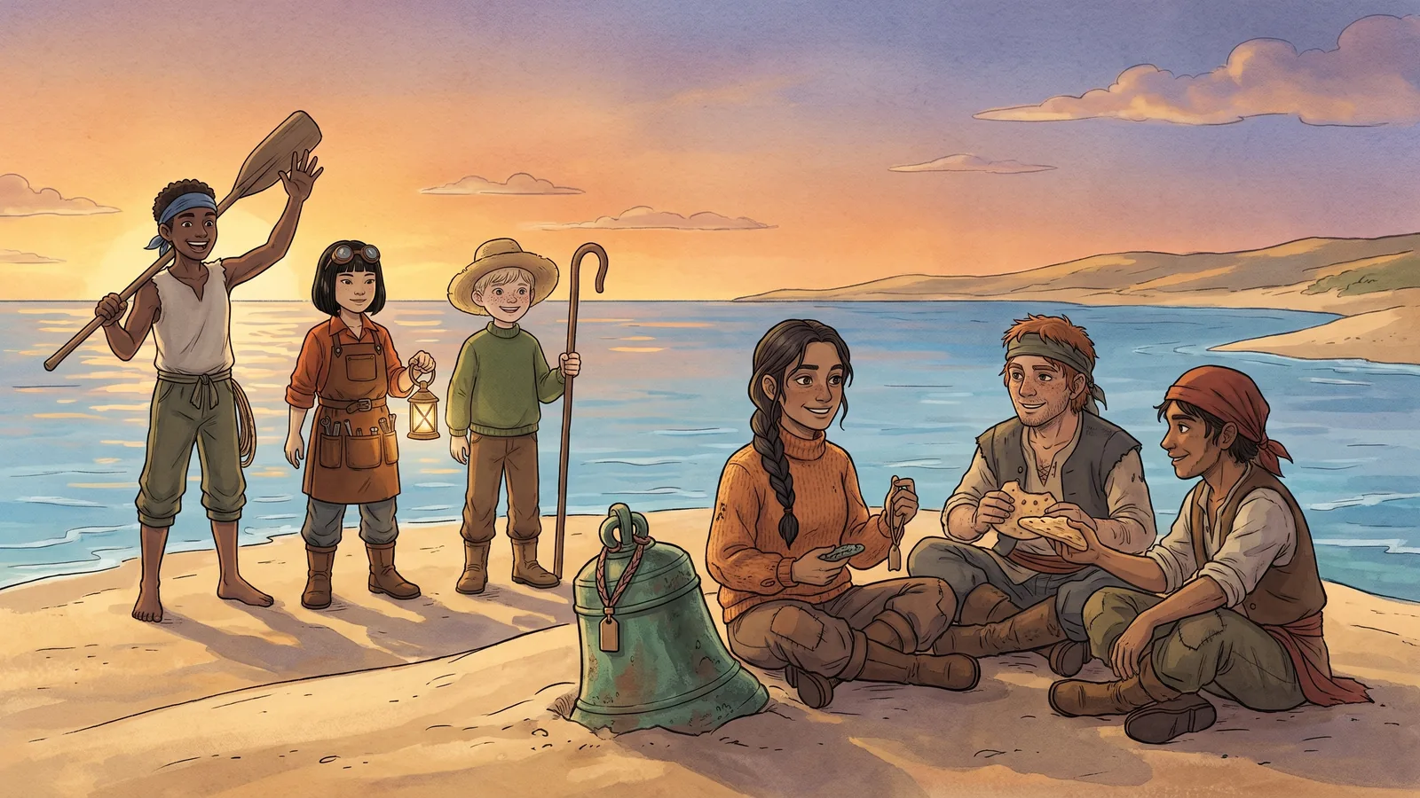 A crew sits on the shoulder of an old bronze harbour-bell half-sunk in a sandbar, a new charm tied to its crown