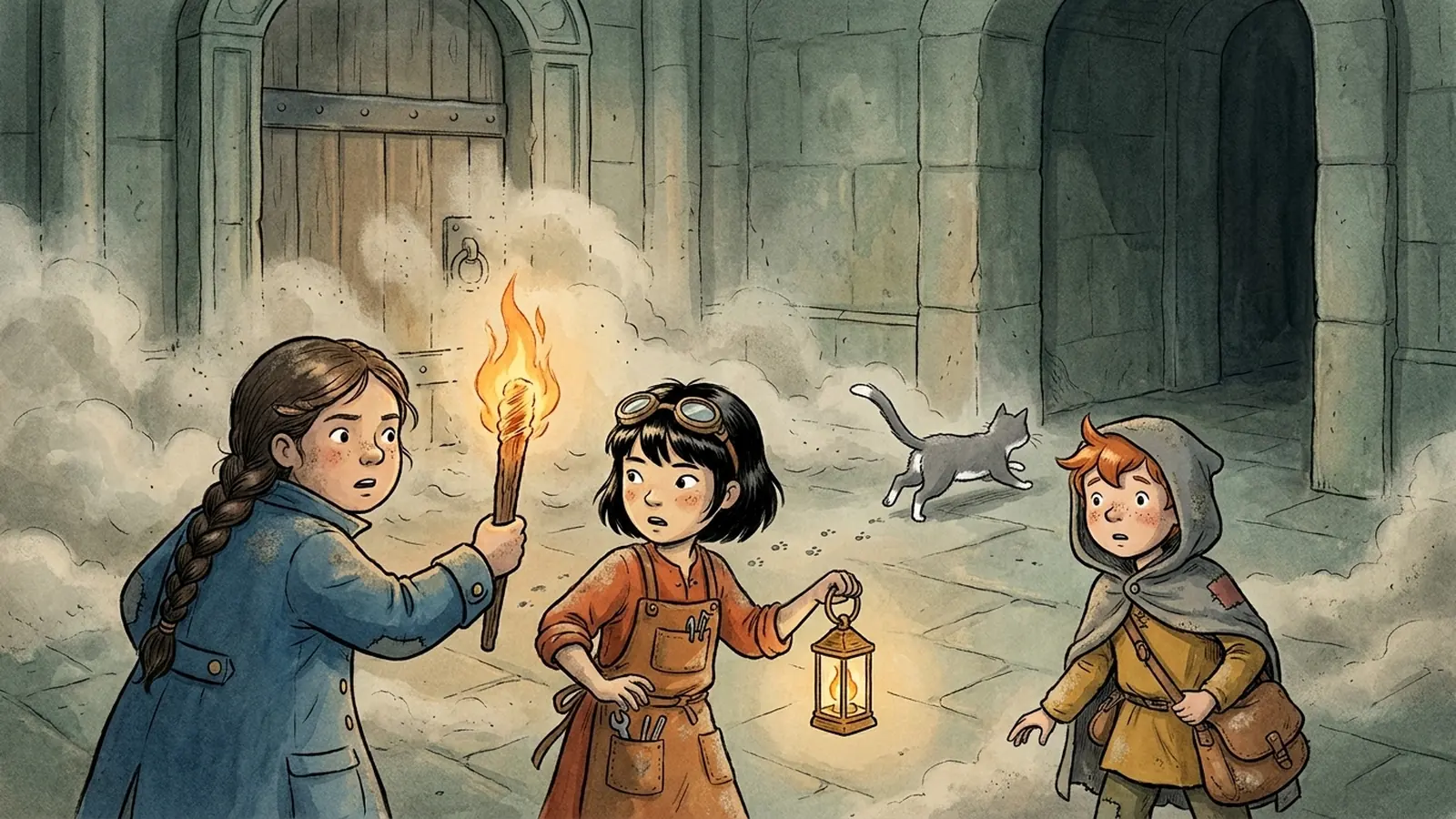 A heavy stone door seals shut behind startled heroes