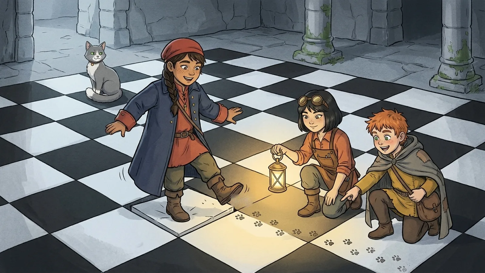 A checkerboard floor with one tile sinking underfoot