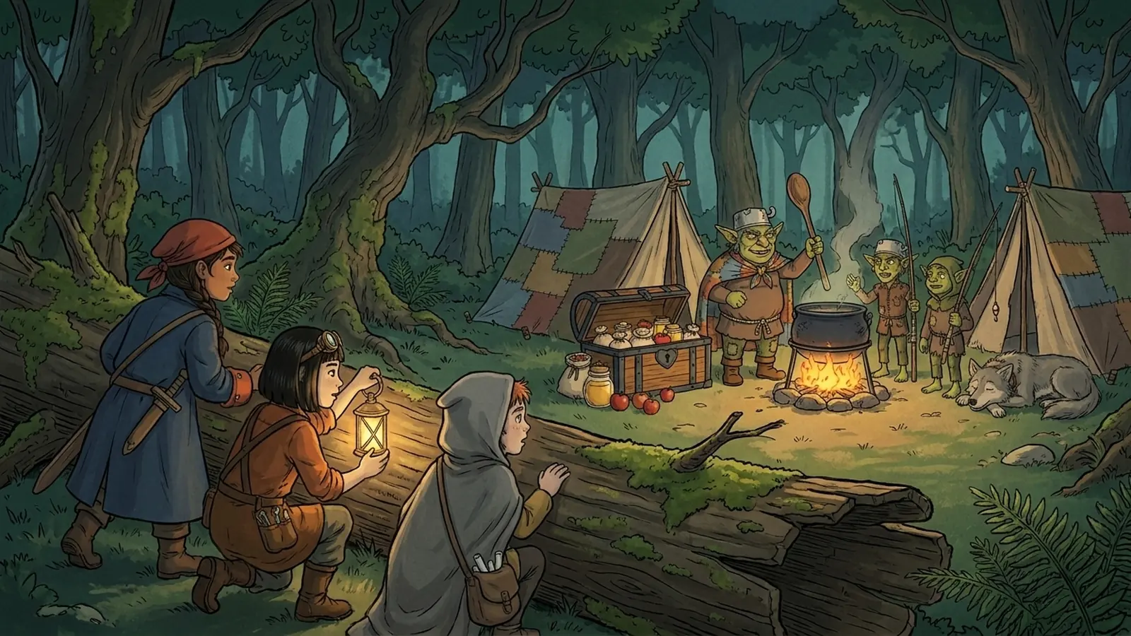 Three young heroes with a lantern creep toward a goblin camp in a misty forest