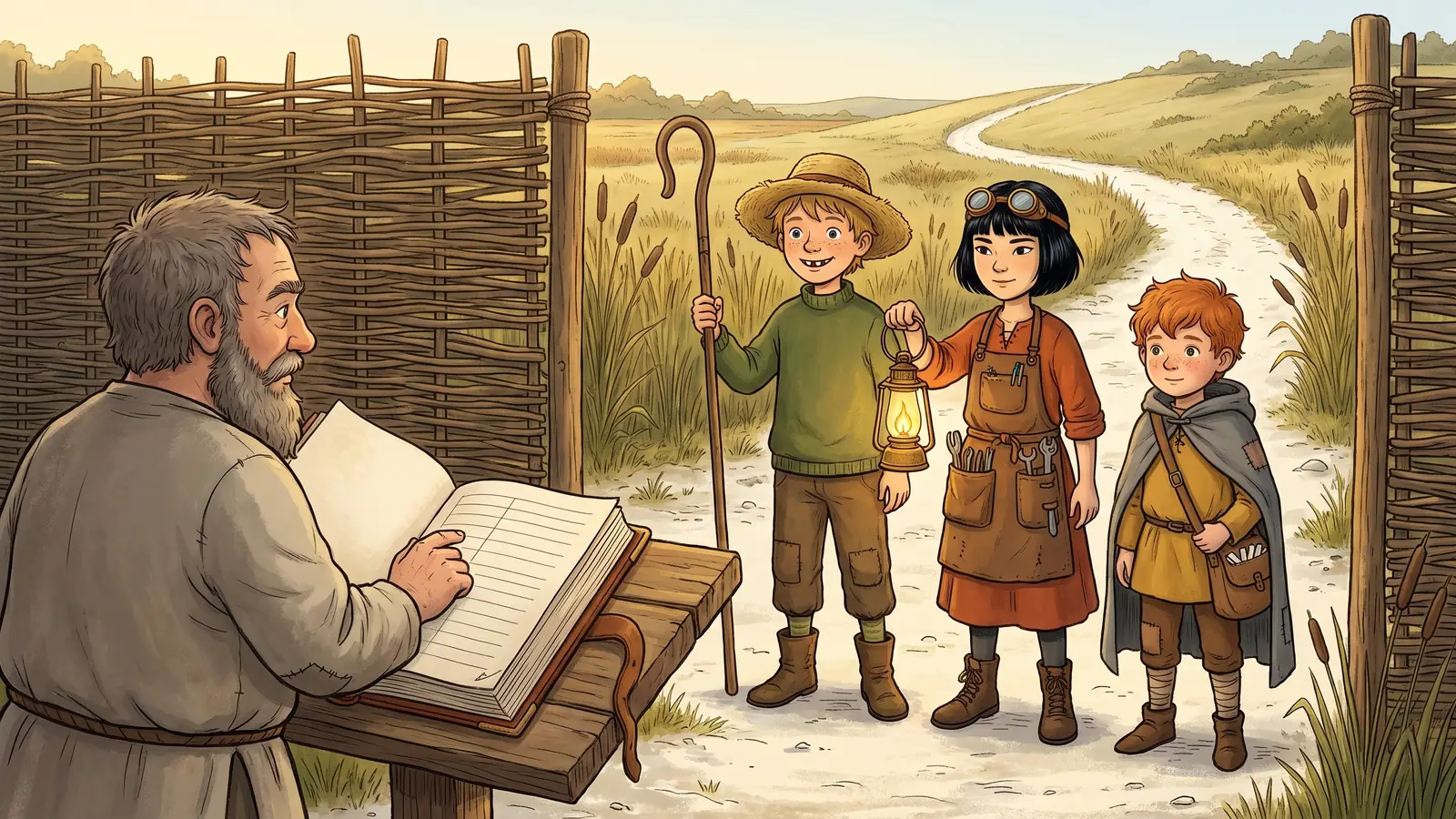 A gate-warden opens a book on a shelf beside a gap in a woven reed wall, where a pale chalk road leaves the fen and climbs