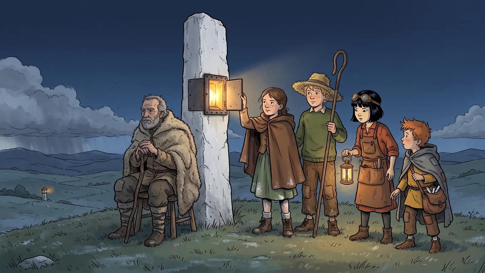 An old shepherd and children stand at a weathered chalk post on a hilltop, working the shutter of a lamp while a far-off tower answers with one flash