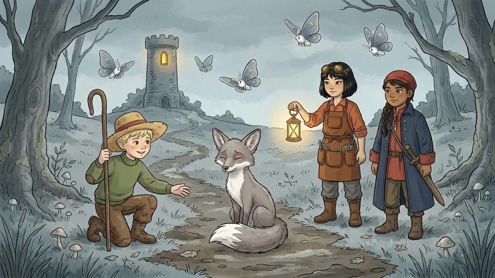 A pewter-coloured meadow where a blinking fox sits in the path and moths drift toward a gold window in a hill tower