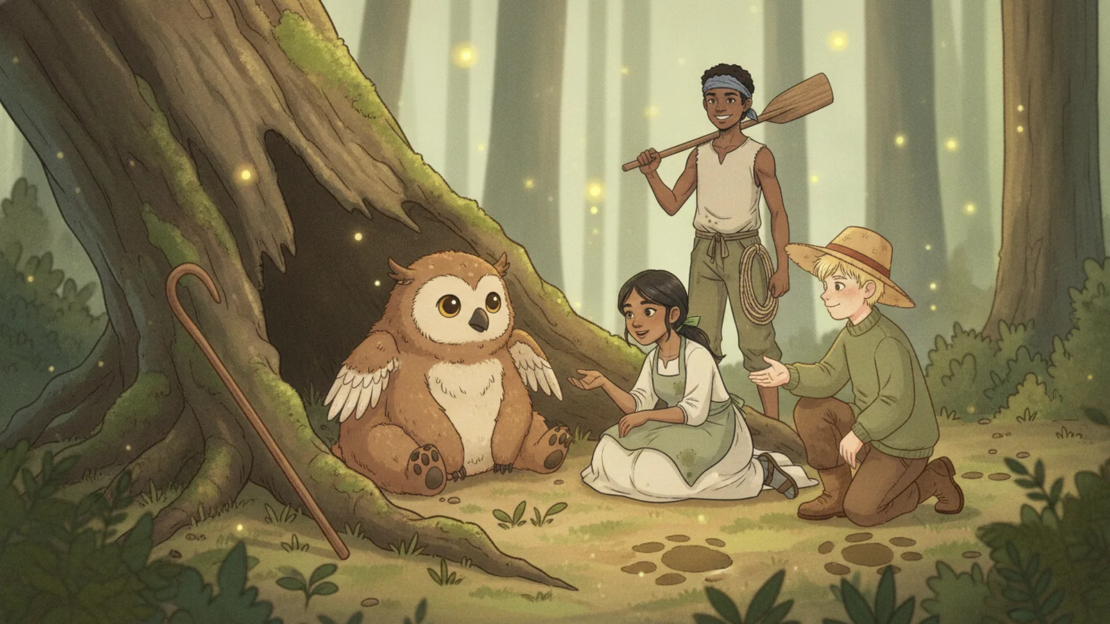 A small, injured owlbear cub hides under a fallen log
