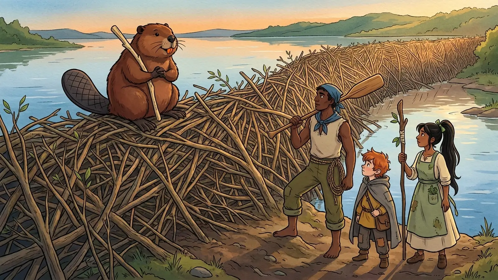 A beaver the size of a pony sits on top of a woven willow dam holding back a wide new lake