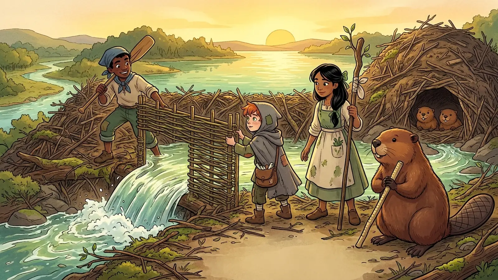 Heroes hang a woven hurdle in a channel cut through the dam, so the river runs and the pond stays