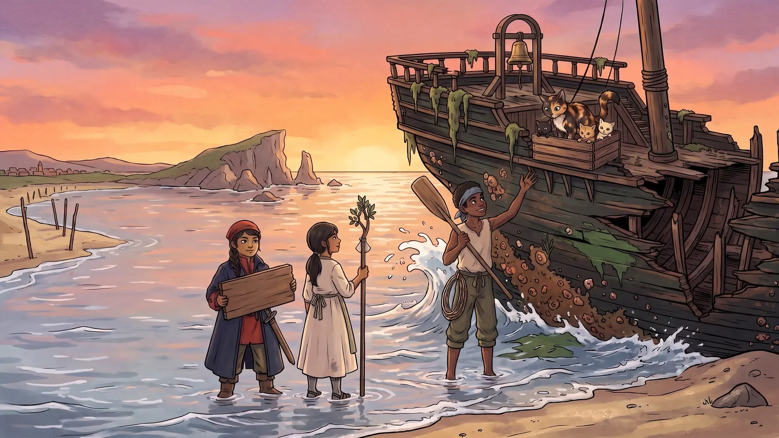 The tide floods back across the sands while the heroes carry a cat, her kittens and a name-board home