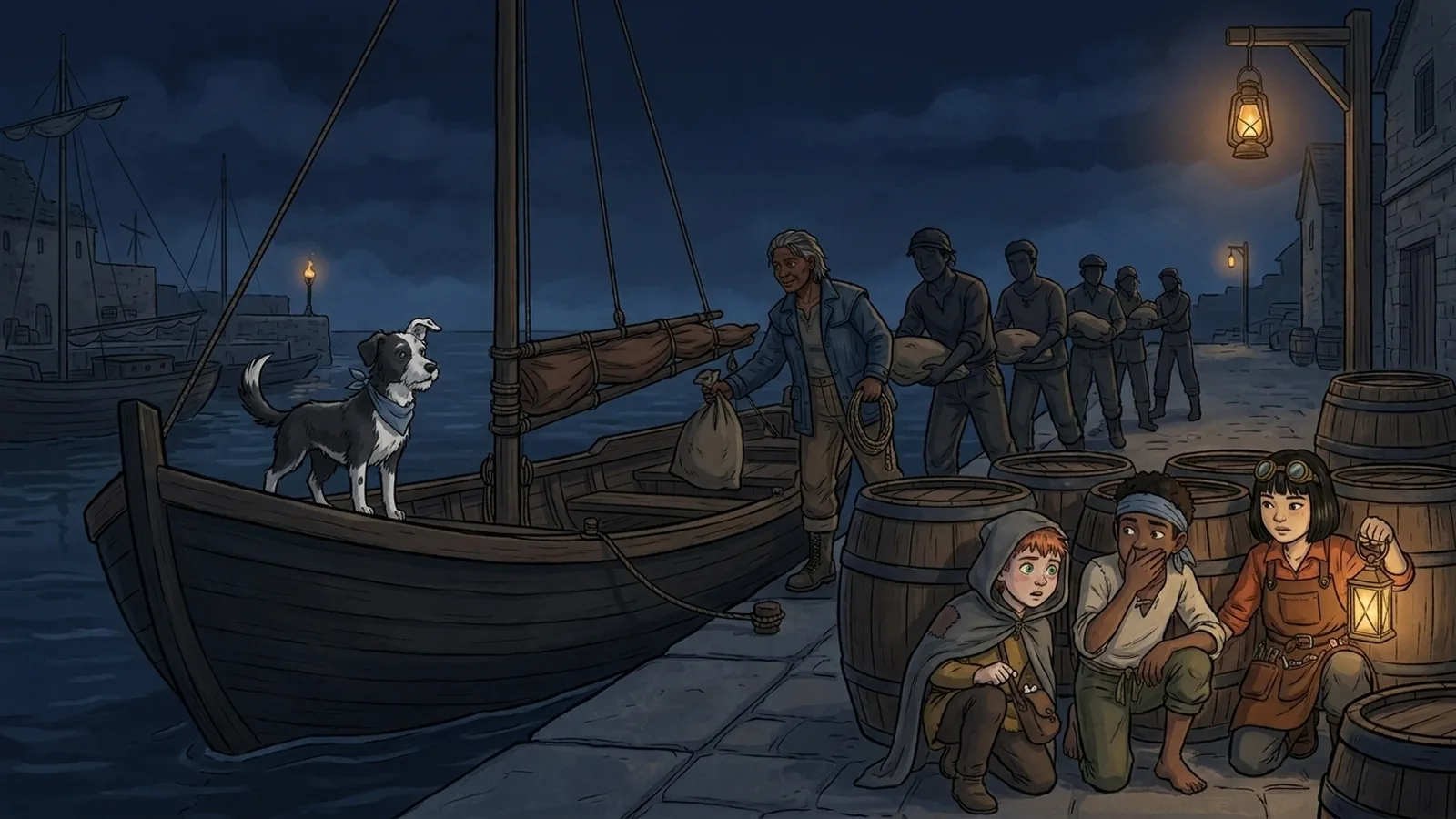 A dark boat with no lamp comes alongside a night quay while silent figures pass sacks ashore