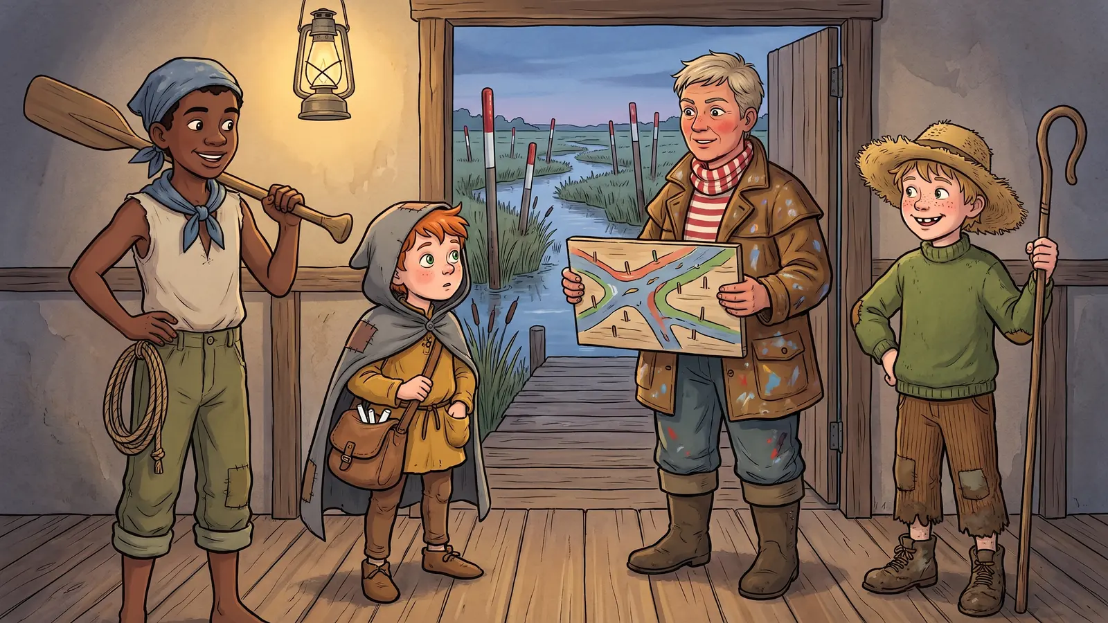 A ferry-boss turns a painted chart toward the heroes in a boardwalk hut, with reed channels and mismatched route-stakes visible beyond the open door
