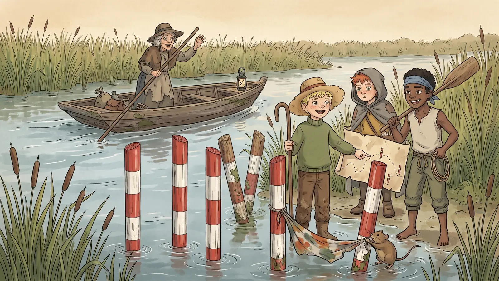A faded second line of half-sunk painted stakes stands among the reeds, matching an official chart held up beside them