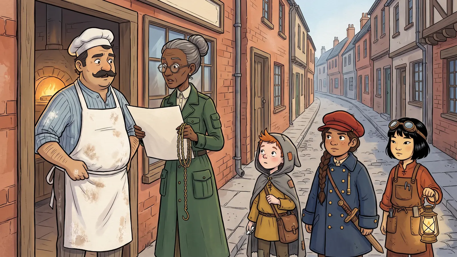 A baker stands in her shop doorway looking out onto the wrong street, while a surveyor holds a map that does not match