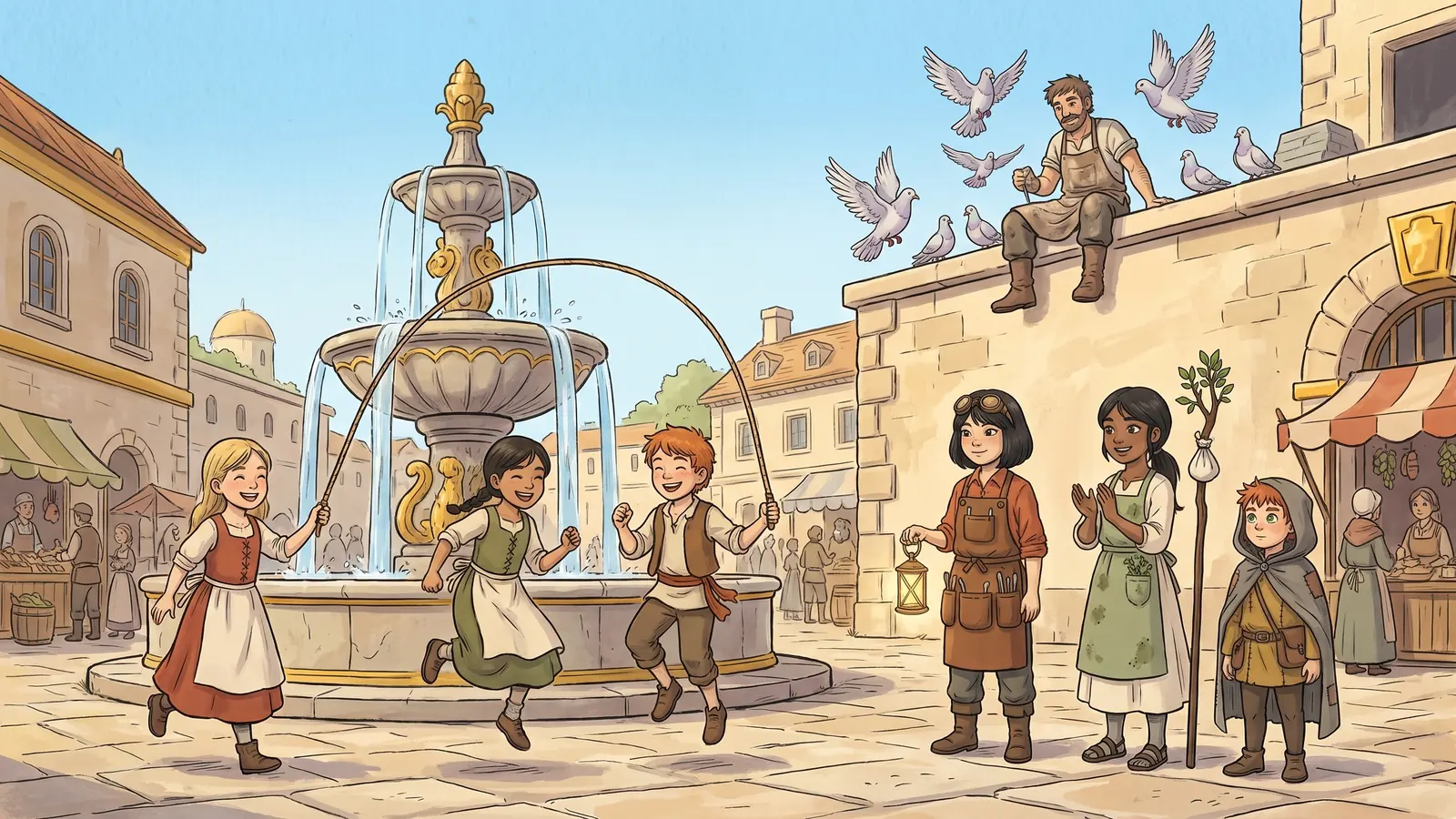 Children skip rope beside a stone fountain while a stonecutter watches from his roof with his doves