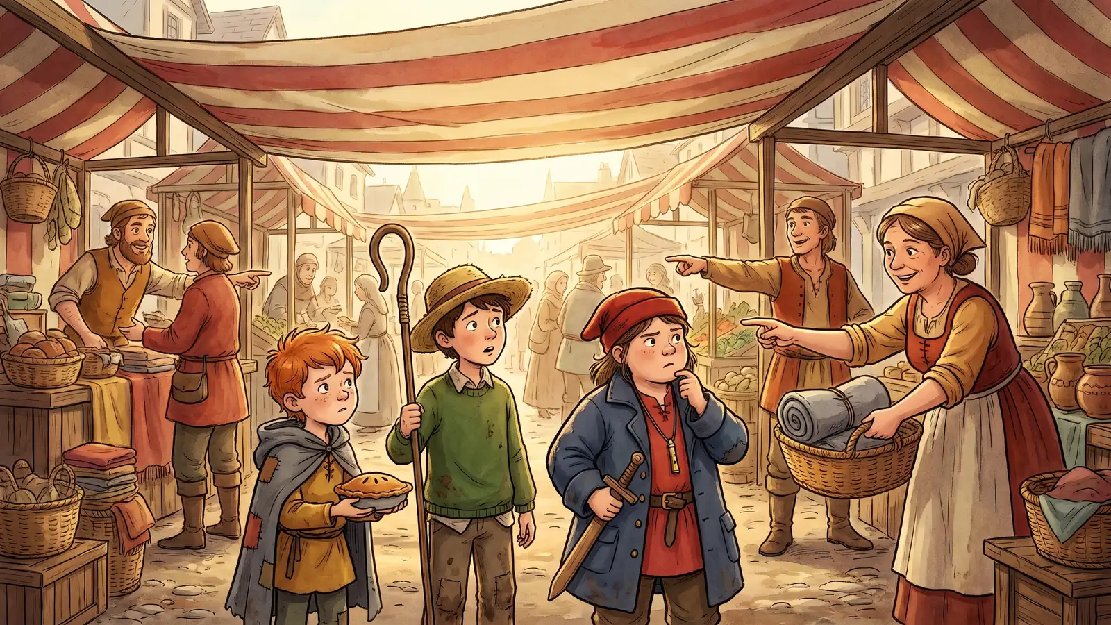 Four market traders under a long striped awning point in four different directions at once