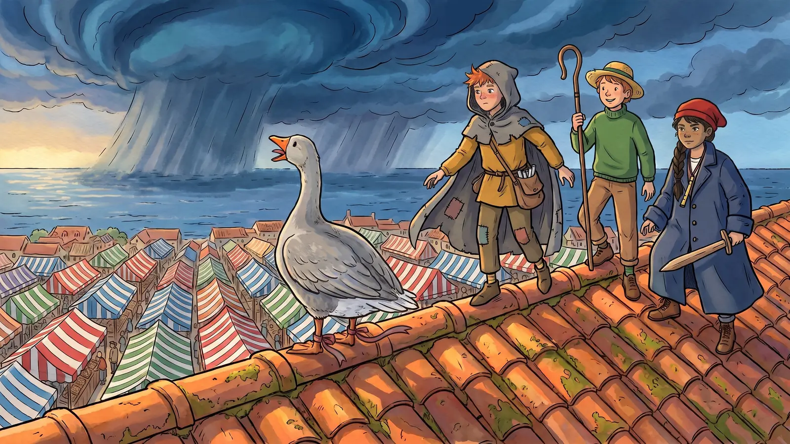 A grey goose stands on sunlit rooftiles above a striped canvas market, facing a blue-black squall out over the sea
