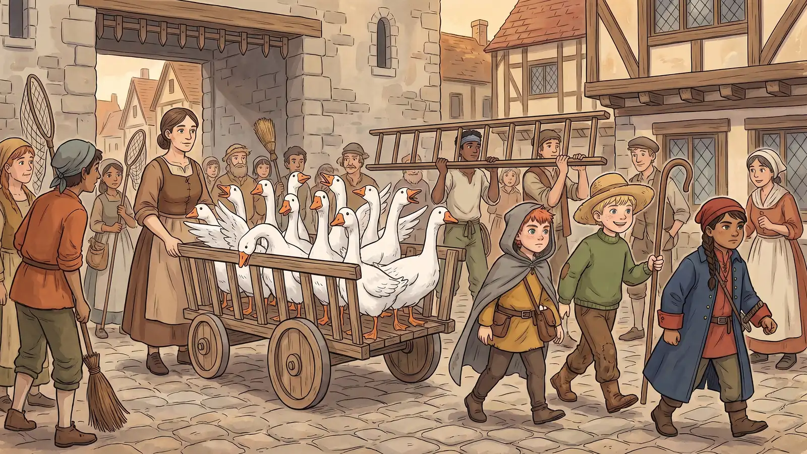 A crowd with nets, brooms and a borrowed ladder mills around a drover standing by a cart of geese