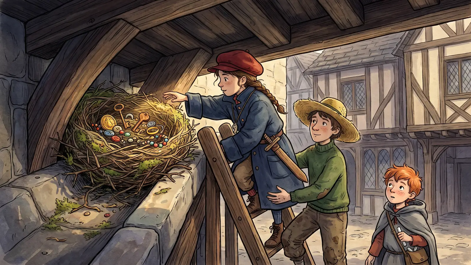 A nest tucked in a gutter corner under deep eaves, full of buttons, beads, a key and a gold ring