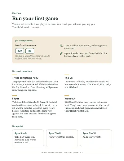 A printed page from the pack: Run your first game