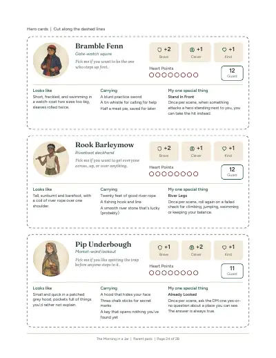 A printed page from the pack: Hero cards