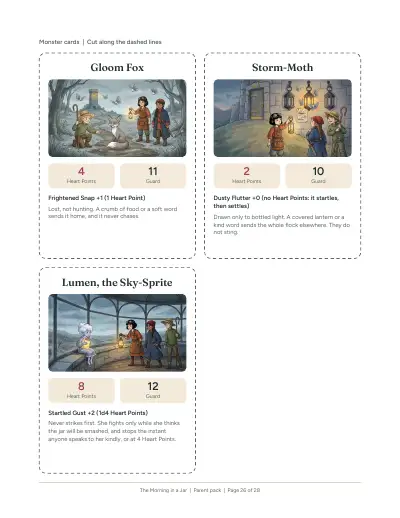 A printed page from the pack: Monster cards