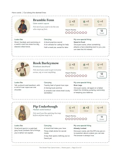 A printed page from the pack: Hero cards